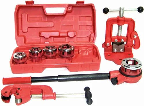 Vista 4 de Kit de enhebrador manual de tubo de trinquete, con cinco moldes + cortador de tubos + tornillo de banco para corte profesional y roscado de tubos