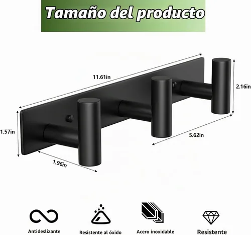 Vista 2 de Perchero de Pared Montado - 3 Ganchos, Ganchos de Pared de Acero Inoxidable Resistente para Toalla, Bolso de Abrigo, Perchero para Sombreros Negro