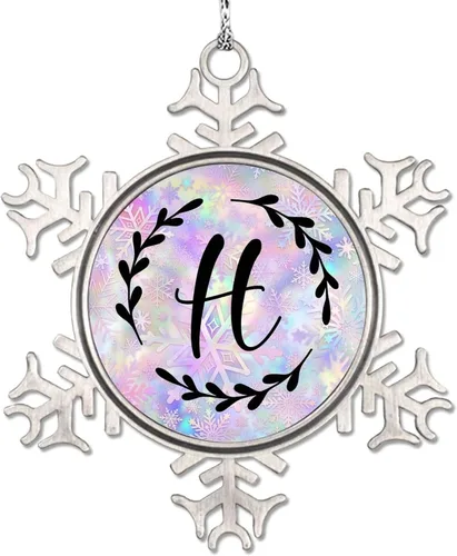 Vista 15 de Adorno de copo de nieve de letra A con inicial de copo de nieve, corona negra, adorno con monograma para decoración de árbol de Navidad, adornos