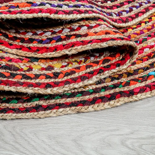 Vista 6 de Alfombra redonda de yute tejida a mano de 3 pies - Alfombras bohemias coloridas para sala de estar - Alfombra bohemia multicolor trenzada a mano