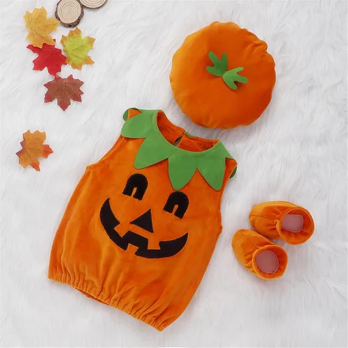 Vista 4 de Disfraz de calabaza de Halloween para bebé, niña y niño, con gorro
