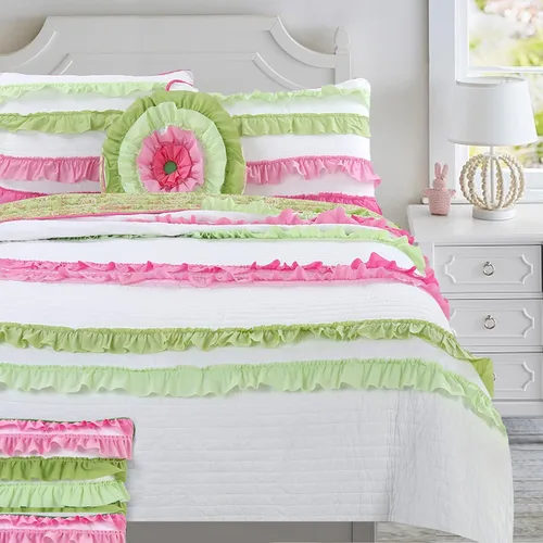 Vista 11 de Cozy Line Home Fashions Juego de ropa de cama reversible de 100 % algodón con volantes, color rosa y verde (flamenco, individual, 2 piezas)