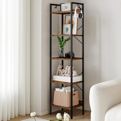 Vista 14 de Hzuaneri Estantería para libros, estantería industrial con 2 ganchos, organizador de almacenamiento para oficina en casa, sala de estar, dormitorio