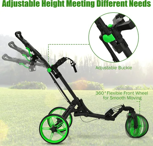 Vista 3 de GYMAX Carrito de golf plegable con rueda delantera giratoria, carrito de golf ajustable de 3 ruedas, carrito de golf compacto fácil de plegar