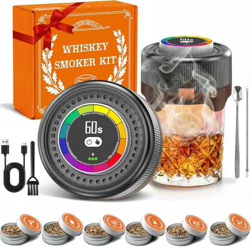 Vista 10 de Kit de ahumador eléctrico de whisky con niveles de humo ajustables y anillo de temporizador LED, kit de ahumador de cóctel recargable con 6 virutas