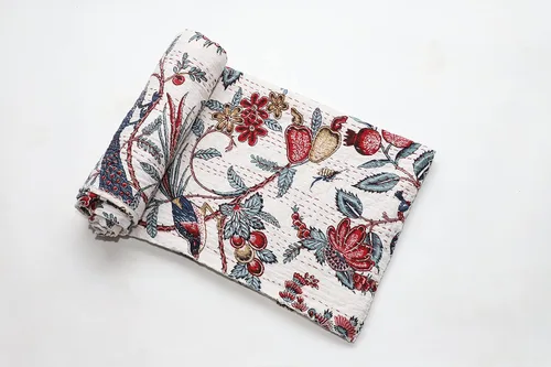 Vista 5 de Colcha Kantha de algodón puro hecho a mano con bloques indios y florales, tamaño individual/queen, colcha bohemia Kantha (verde claro, Queen)