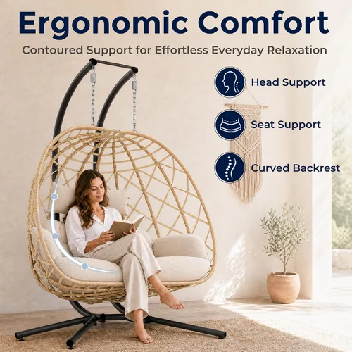 Vista 10 de SWITTE Silla columpio de huevo colgante doble al aire libre con soporte y 2 Asientos-crema