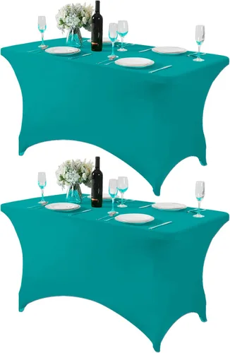 Vista 87 de Mantel de elastano para mesa de 6, 4 o 8 pies, universal, ajustable, para fiestas, banquetes, bodas y eventos, color verde manzana