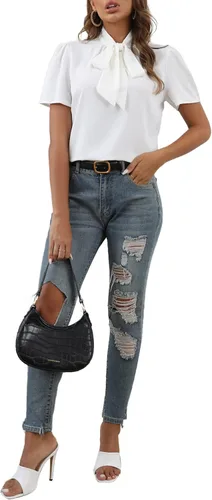 Vista 6 de Rooscier Blusa elegante de manga corta con nudo y lazo para mujer