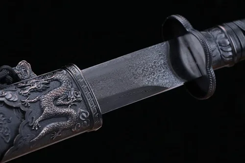 Vista 2 de Espada ancha,Espada dao de oro negro real,Hoja de Damasco forjada,Accesorios de aleación,Espiga completa,Kung fu
