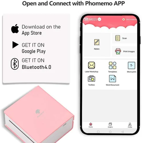 Vista 2 de Phomemo M02 Mini impresora térmica Bluetooth con 3 rollos de papel adhesivo colorido, compatible con iOS + Android para diario de planos, notas