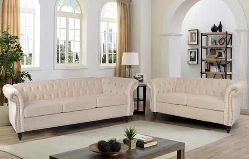 Vista 12 de RARZOE Chesterfield - Juego de sofá biplaza, beige, espuma, 1+2 plazas, 67 pulgadas de ancho x 32 pulgadas de profundidad x 27 pulgadas de alto