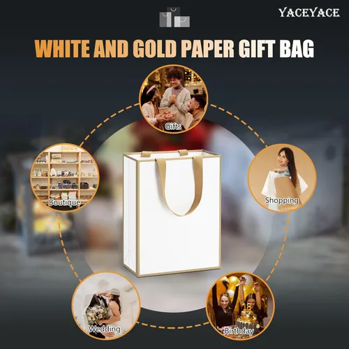 Vista 7 de Bolsas de regalo blancas con marco dorado, 20 unidades, 8 x 4.25 x 10.5 pulgadas, medianas y blancas y doradas, elegantes bolsas de regalo de lujo