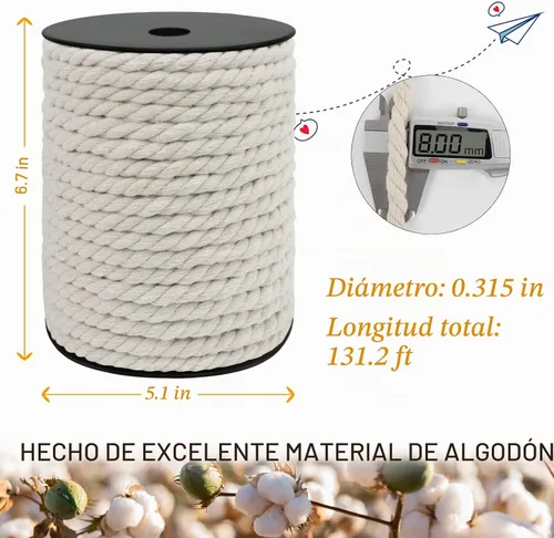 Vista 2 de JeogYong Cordón de macramé de 8mm, 131 pies de cuerda de macramé natural, hilo de algodón trenzado de 3 hebras para manualidades, colgantes