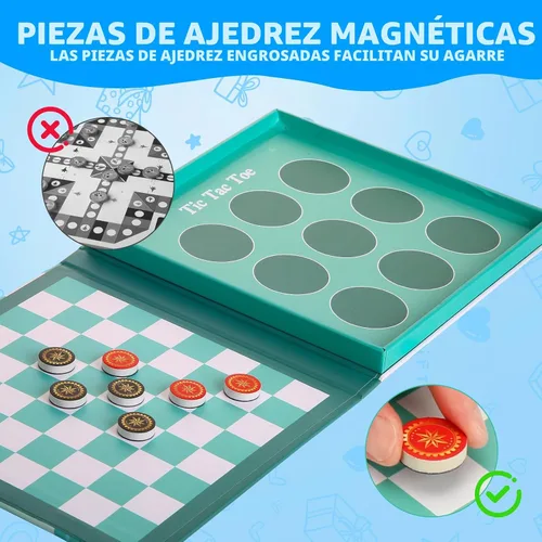Vista 5 de Juego de viaje 2 en 1 de damas magnéticas y Tic-Tac-Toe para niños a partir Juego magnético plegable para aviones, automóviles y viajes por Juego