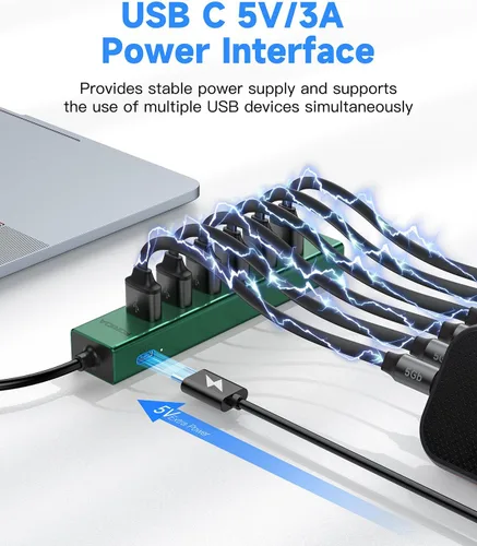 Vista 5 de Hub USB 3.0 de 7 puertos, USB a concentrador de red con cable de 3.9 pies de largo para laptop, divisor USB con puerto Gigabit Ethernet y puerto