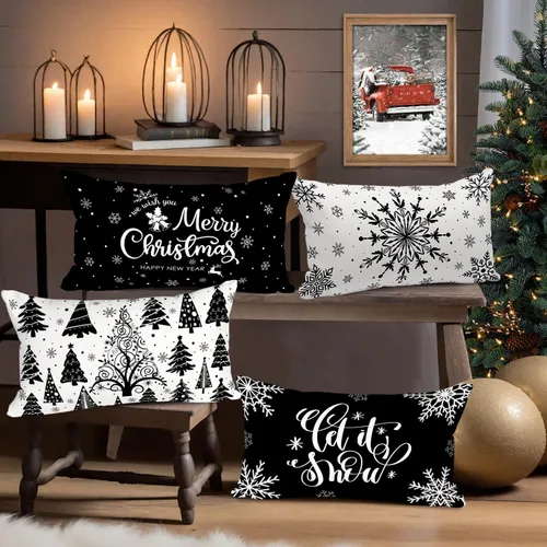 Vista 5 de Lanpn Fundas de Cojín Lumbar Navideñas de 12x20, 4 piezas, Blanco y Negro Feliz Navidad Xmas Invierno Copo de Nieve Fundas de Almohada de Cojín
