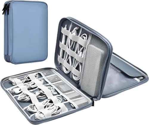 Vista 21 de Organizador de cables de cuero para viaje, impermeable, organizador de cables de viaje, portátil, organizador técnico, estuche de viaje para Verde