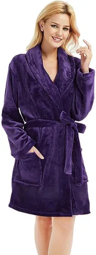 Vista 12 de U2SKIIN - Bata de felpa para mujer, batas cortas y acogedoras de felpa suave para mujer con cuello de chal, bata de spa cálida A-Negro