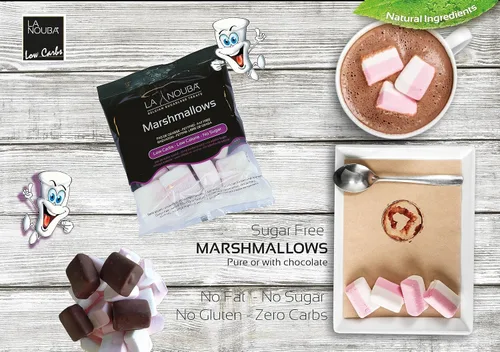 Vista 7 de Malvaviscos sin azúcar de La Nouba – Paquete de 2.7 oz. – Snack bajo en calorías, bajo en carbohidratos, sin grasa y sin gluten – Sabor delicioso