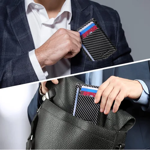 Vista 6 de Travelambo Cartera delgada de cuero minimalista con bolsillo frontal, bloqueo RFID, textura de fibra de carbono