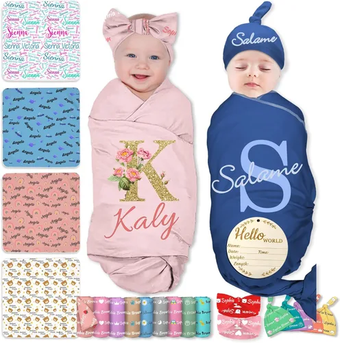 Vista 9 de Manta personalizada para bebés y niños, manta con nombre personalizado para recibir con diadema de lazo y sombrero, artículos personalizados