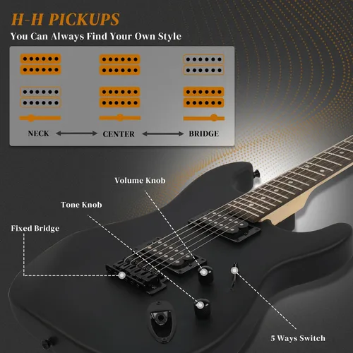 Vista 4 de Ktaxon - Kit de guitarra eléctrica de tamaño completo H-H Pickup con amplificador de 20 W, color negro mate with Bag, Strap, Cable; Deliver Rich