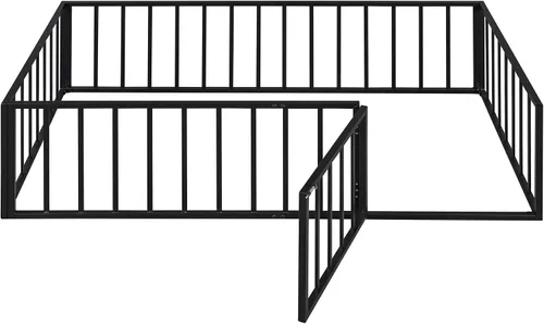 Vista 7 de Cama de suelo de tamaño individual para niños, camas Montessori con rieles y puerta, marco de cama de metal con valla para niños y niñas, color negro