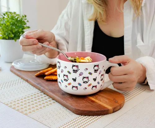 Vista 8 de Silver Buffalo Sanrio Hello Kitty Gato Negro - Taza de sopa de cerámica con tapa ventilada para helado, cereal, bebidas Capacidad de 710 cc