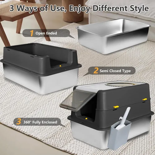 Vista 6 de Caja de arena de acero inoxidable con tapa, diseño XL cerrado antifugas para gatos grandes, sistema de caja de arena de metal antiadherente fácil