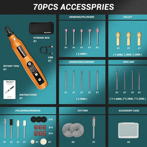 Vista 3 de Herramienta giratoria inalámbrica, kit de mini herramientas rotativas de 5 velocidades variables con 70 accesorios, 3.7 V tipo C herramienta