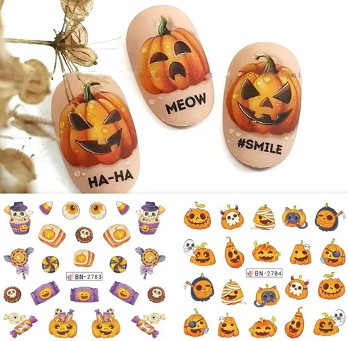 Vista 2 de Calcomanías de arte de uñas de Halloween, calcomanías de transferencia de agua, calcomanías de uñas de Halloween, calcomanías de dibujos animados