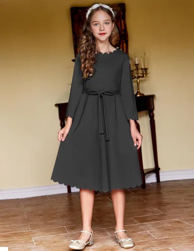 Vista 2 de Arshiner Vestido de fiesta para niñas con ribete festoneado, cinturón, acampanado, formal, por debajo de la rodilla, con bolsillos, para 6-15 años