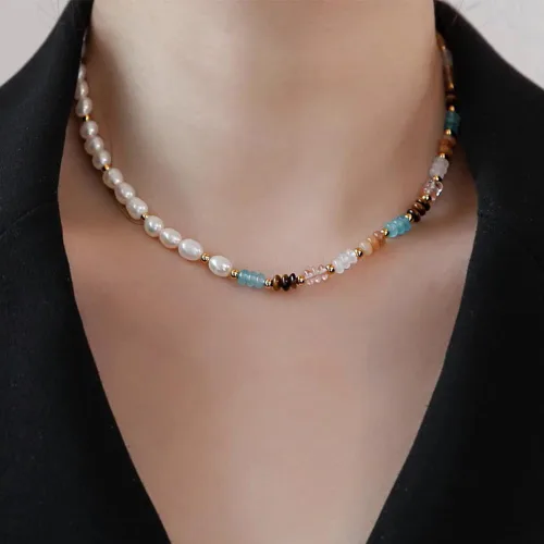 Vista 3 de Freshwater Pearl Strand Necklace Tiger Eye Natural Gemstone Handmade Chain 18K Gold Jewelry Birthday Gift for Women 19inch Valentine Gift for Her