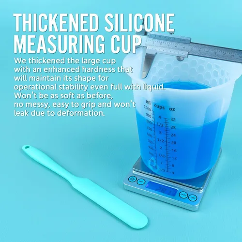 Vista 5 de Juego de tazas medidoras de mezcla de resina de silicona de 1L para suministros de resina, marcas fáciles de leer, taza grande de 1000ml/32oz, tazas