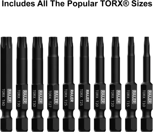 Vista 5 de Juego de brocas TORX, Railer 10 piezas 6 puntos TORX Juego de puntas de destornillador S2 de acero T10 T15 T20x2 T25x2 T27 T30x2 T40 Torx Star Bits