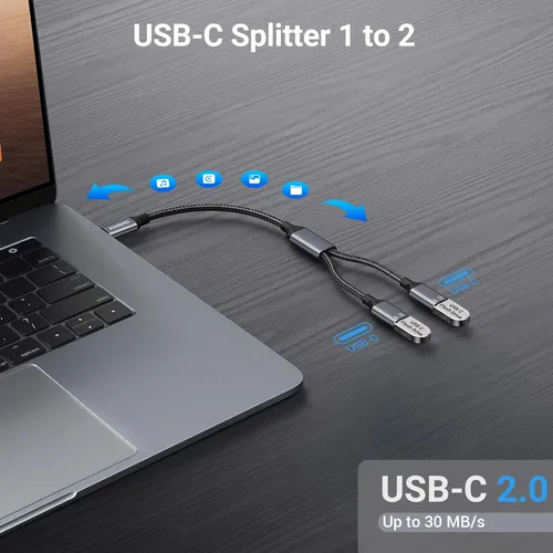 Vista 6 de KiwiBird Divisor USB C de carga de 1 en 2 salidas, cable de extensión y divisor de datos de alimentación USBC, tipo C macho a puerto USB C hembra