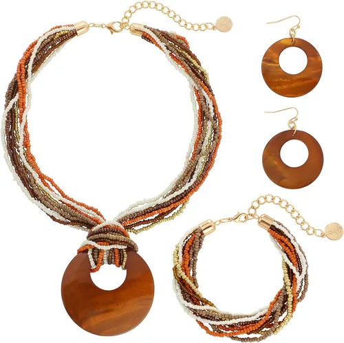 Vista 24 de Coiris Collar de varias vueltas con cuentas coloridas y gran colgante de concha circular para mujer Negro