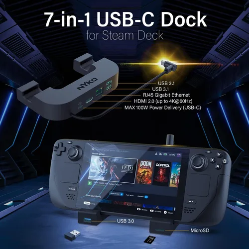 Vista 3 de Nyko Base de alimentación para Steam Deck Base de plataforma de vapor 6 en 1 Base de alimentación USB-C de carga rápida 2 puertos USB 3.1