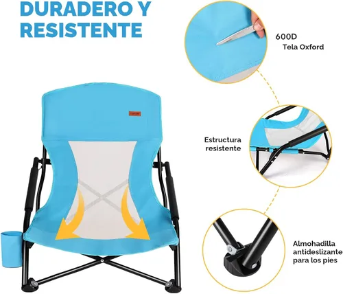 Vista 4 de TOBTOS Silla de playa baja para adultos, paquete de 2, plegable de perfil bajo con portavasos y bolsa de transporte, silla resistente para arena al