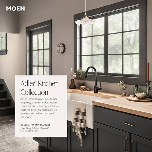 Vista 11 de Moen Adler Grifo de fregadero de cocina cromado de un solo mango con arco alto y fuerza de limpieza, llave de cocina moderna con rociador extraíble