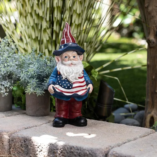 Vista 2 de Alpine Corporation Gnomo de jardín americano para exteriores de 12 pulgadas de alto con comedero para pájaros y decoración de estatua de patio