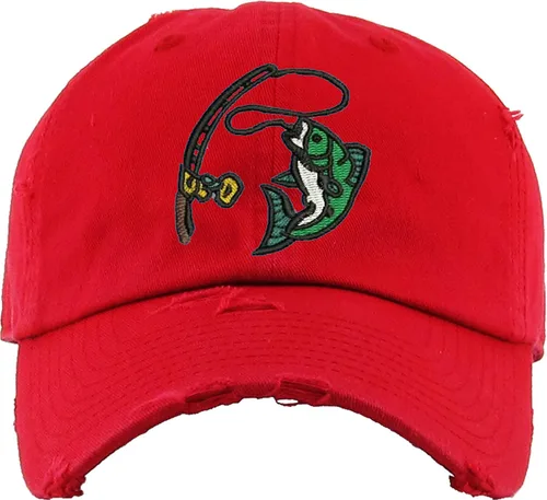 Vista 7 de Sombrero de papá bordado de pescado, gorra gráfica de pesca ajustable vintage Pigmento rosa.