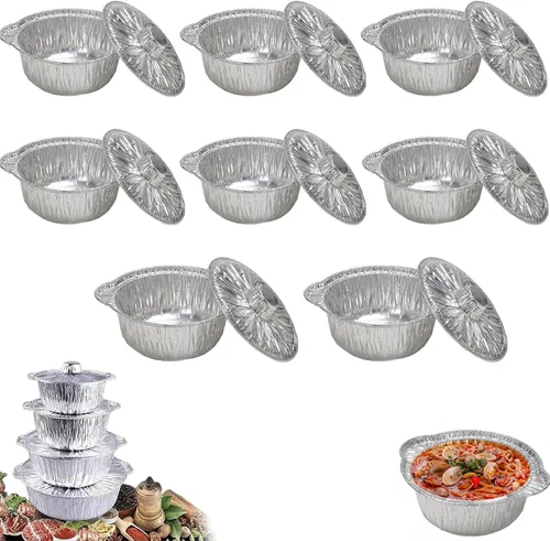 Vista 10 de Macetas desechables de aluminio con tapas, 12 unidades, 135.3 fl oz, plateadas, sin recubrimiento, aptas para horno y estufa, incluye tapas