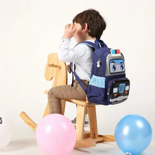 Vista 2 de RuRu monkey Mochila de policía para niños pequeños con fiambrera, mochila escolar para jardín de infantes, mediana, marino