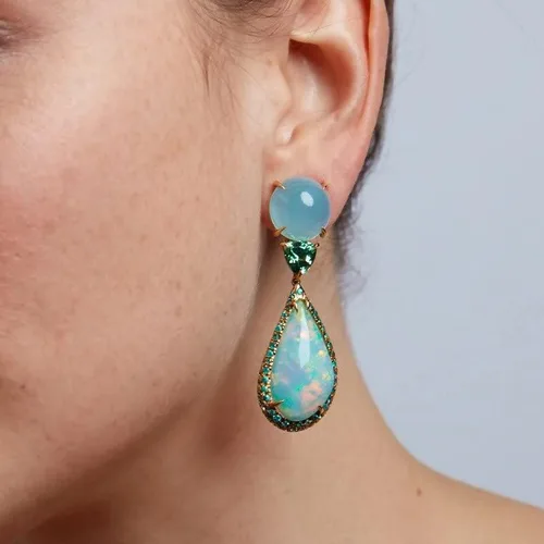 Vista 2 de Pendientes de tuerca de lujo de ópalo artificial de moda verde esmeralda