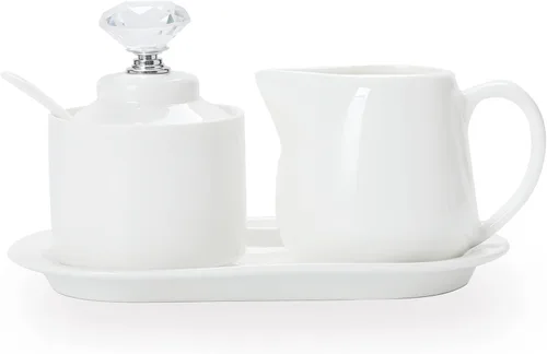 Vista 9 de ONTUBE Ceramic Sugar and Creamer with tray and Crystal Lid Set of 4 (Gold)