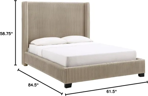 Vista 2 de Inspire Q Cama plisada Jules de terciopelo con respaldo de alas de Modern Taupe Matrimonial