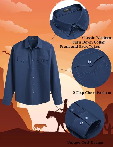 Vista 6 de COOFANDY Camisa vaquera de manga larga para hombre, de algodón, con botones, estilo casual, con bolsillos