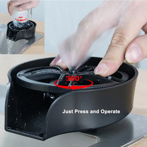 Vista 4 de Enjuagadora de vidrio 2 en 1 para fregadero de cocina, lavadora de vasos giratoria de 360 grados de alta presión con pistola rociadora extraíble